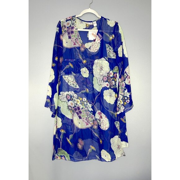 Pink Mode Kimono Tunic Top Womens 1X Blue Floral Sheer Tie Back Cover Up Boho - Picture 1 of 15